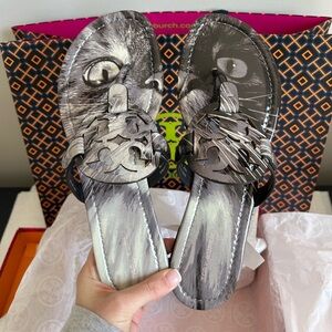 Tory Burch Miller Printed Patent Sandal Cat Portrait Size 9